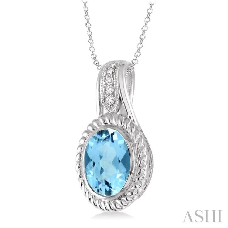 10x8 MM Oval Cut Blue Topaz and 1/20 Ctw Single Cut Diamond Pendant in Sterling Silver with Chain