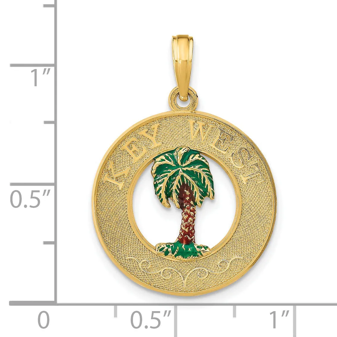 14K Yellow Gold Polished Textured Green, Brown-Color Enameled Finish KEY WEST with Palm Tree in Circle Design Charm Pendant