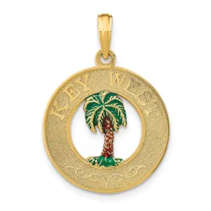 14K Yellow Gold Polished Textured Green, Brown-Color Enameled Finish KEY WEST with Palm Tree in Circle Design Charm Pendant