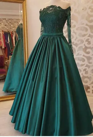 2025 A Line Dark Green Long Sleeves Off Shoulder Appliques Long Prom Dresses