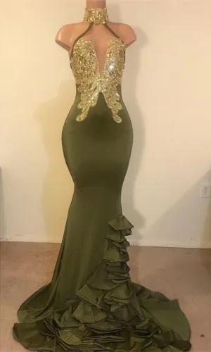 2025 New Arrival Mermaid High Neck Beaded Green Ruch Backless Prom Dresses