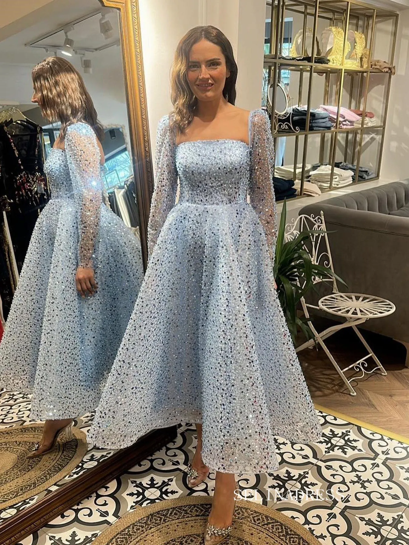 A-line Light Sky Blue Sparkly Long Prom Dresses Sequins Long Sleeve Evening Gowns SEW0852