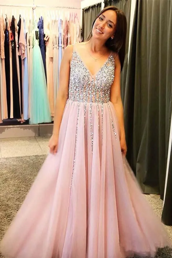 A-Line V-Neck Tulle Backless Prom Dress with Sequins Appliques PG655