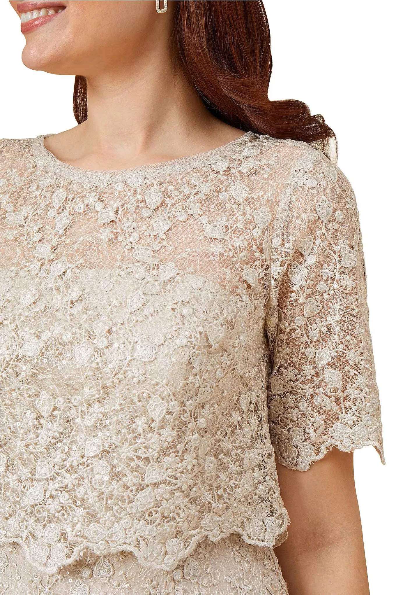 Adrianna Papell lace popover short sleeve sequin gown