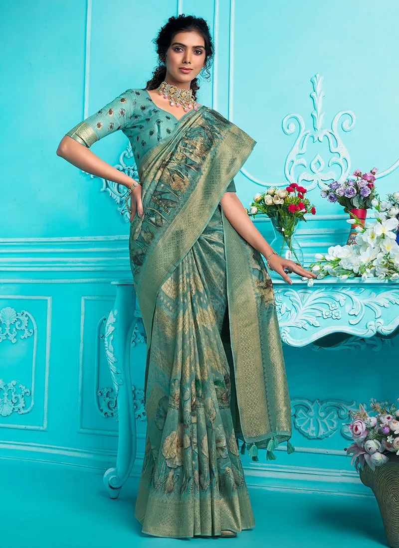 Aqua Blue Floral Digital Printed Organza Silk Saree