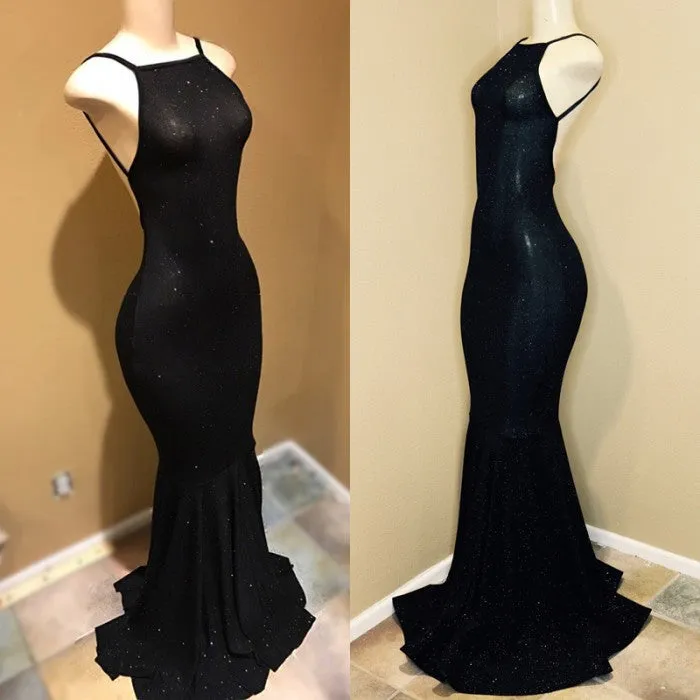 Backless black prom dress, sequins evening gowns