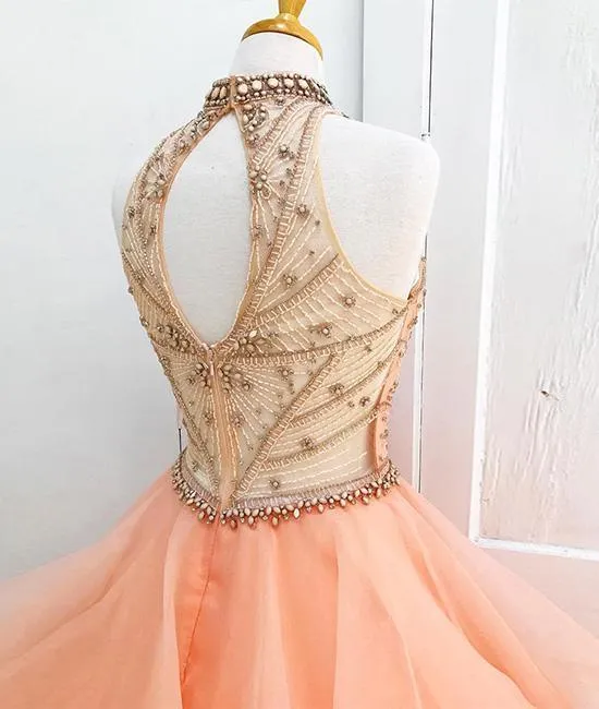 Ball Gown High Neck Orange Long Tulle Prom Dress with Beading PG521