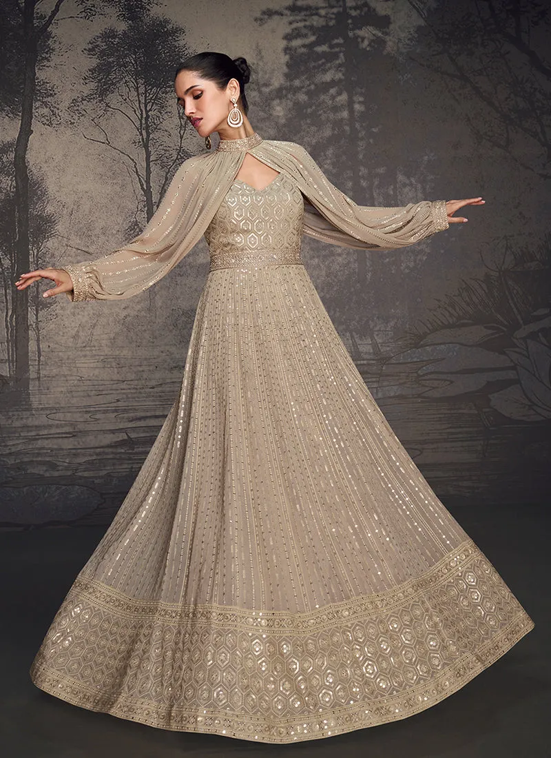 Beige Golden Embroidered Georgette Anarkali Dress