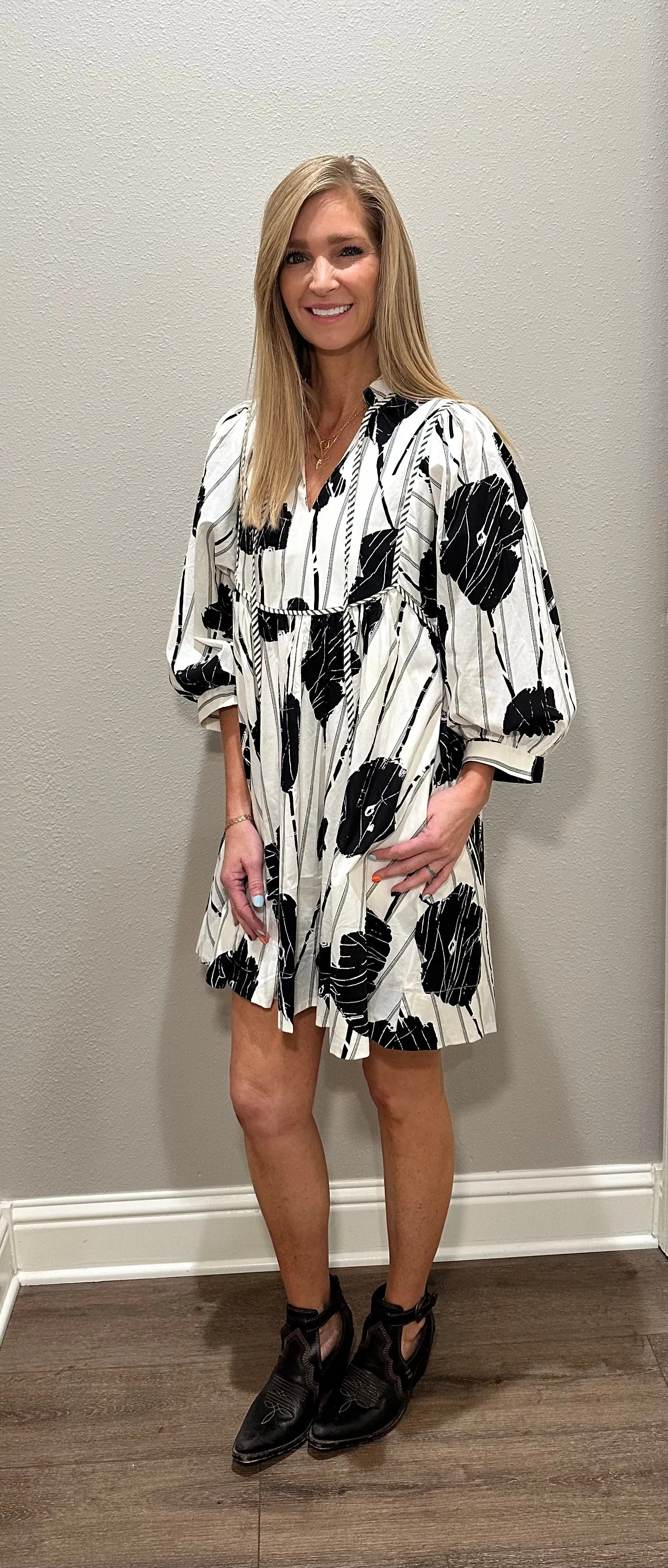 Black & White Printed 3/4 Sleeve Cotton Dress