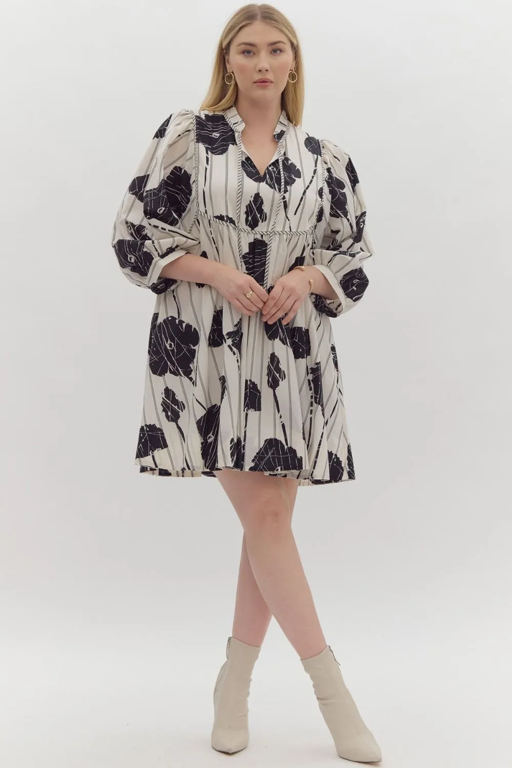 Black & White Printed 3/4 Sleeve Cotton Dress