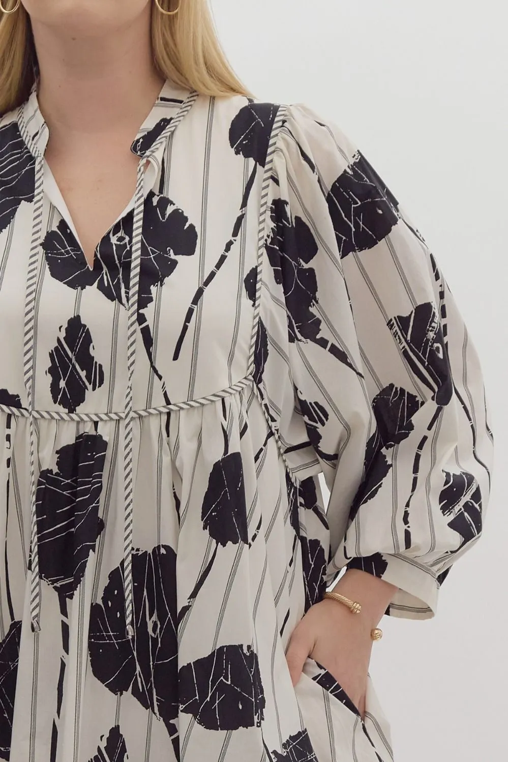 Black & White Printed 3/4 Sleeve Cotton Dress