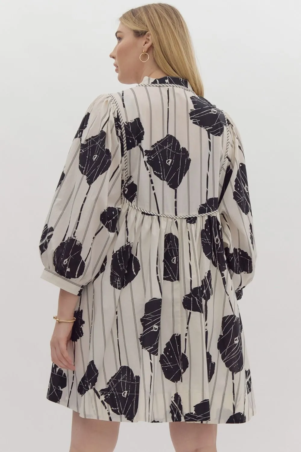 Black & White Printed 3/4 Sleeve Cotton Dress