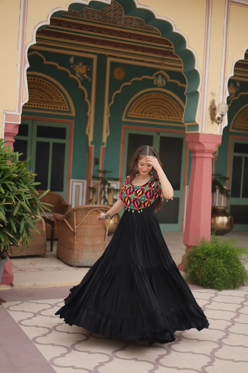 Black Designer Rayon Gown with Kutchi Gamthi Kodi Work and 3-Layer Gathering Stitch