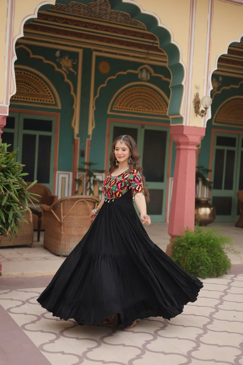 Black Designer Rayon Gown with Kutchi Gamthi Kodi Work and 3-Layer Gathering Stitch