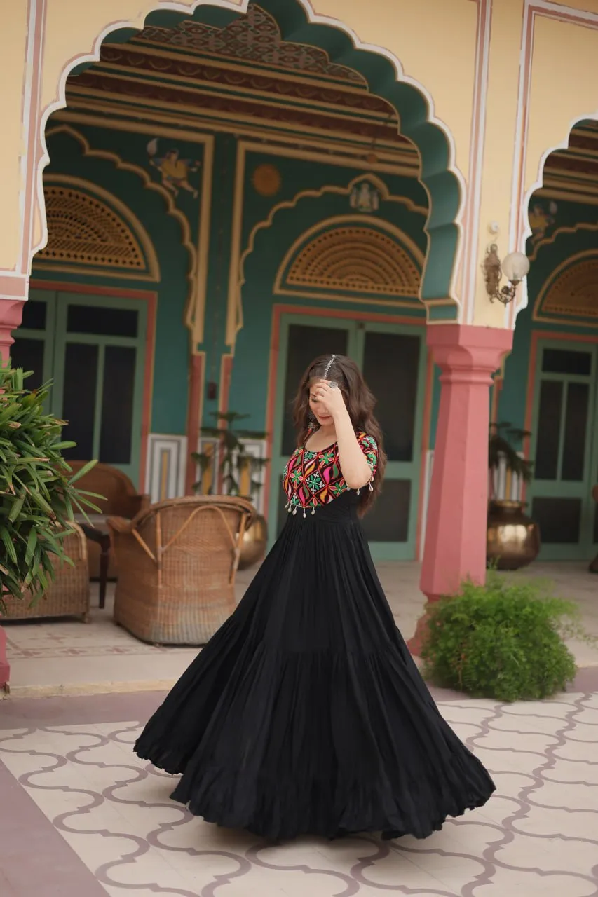 Black Designer Rayon Gown with Kutchi Gamthi Kodi Work and 3-Layer Gathering Stitch