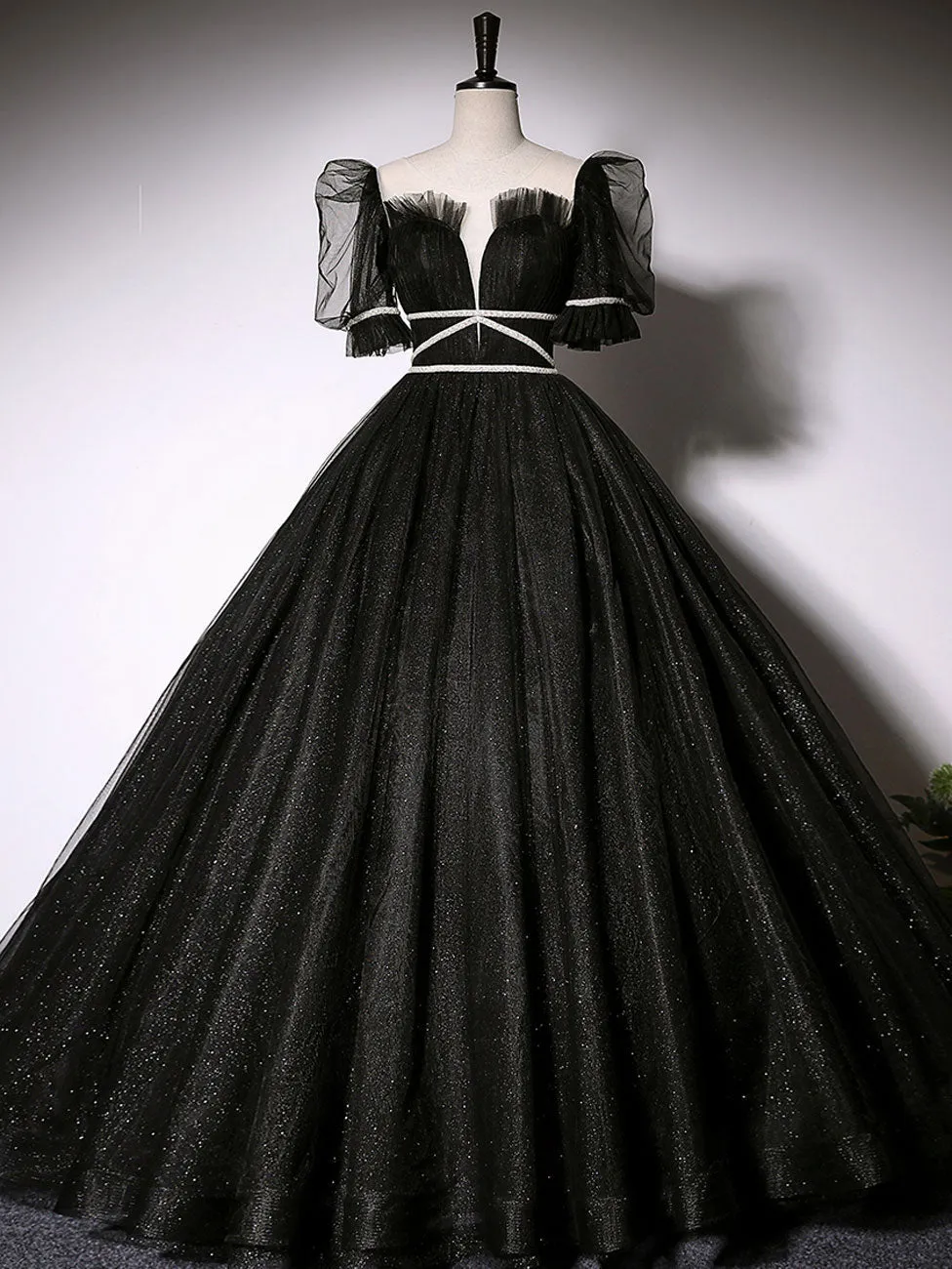 Black Scoop Neckline Long Prom Dress, Shiny Tulle Black Evening Dress