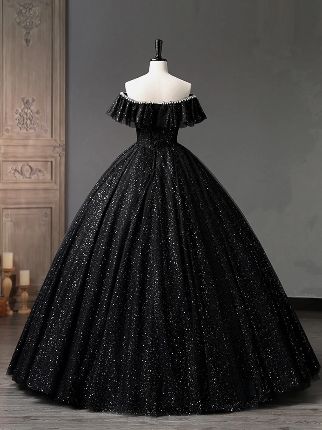 Black Tulle Long A-Line Prom Dress Shiny Off Shoulder Evening Dress