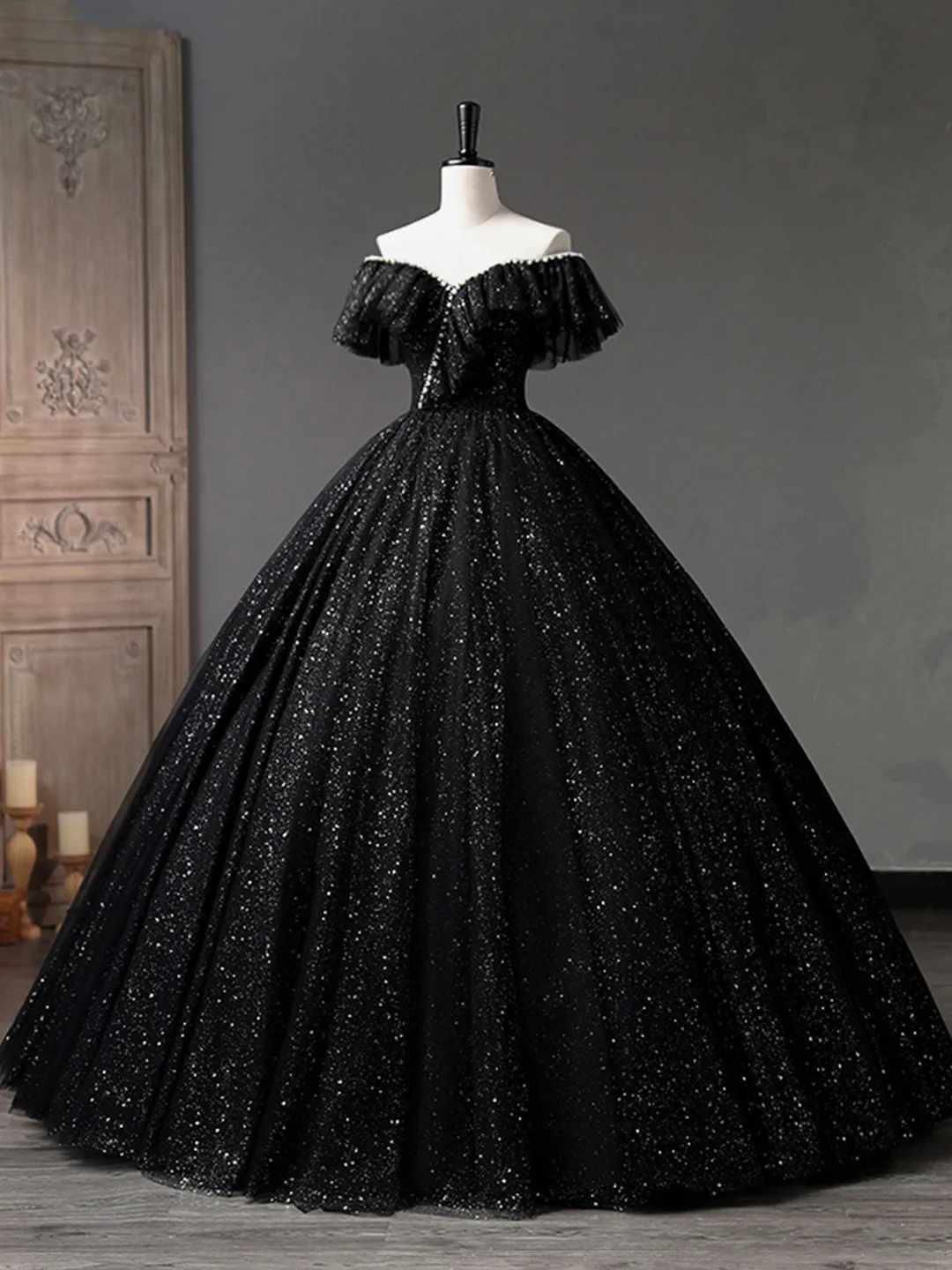 Black Tulle Long A-Line Prom Dress Shiny Off Shoulder Evening Dress