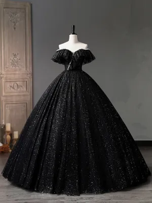 Black Tulle Long A-Line Prom Dress Shiny Off Shoulder Evening Dress