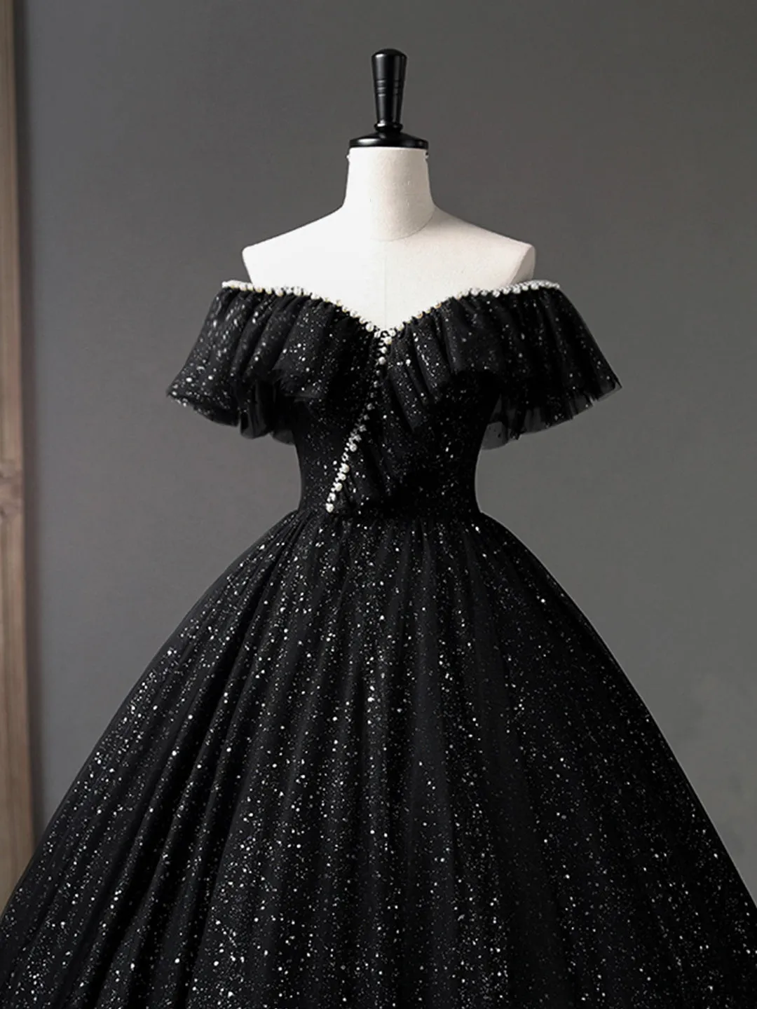 Black Tulle Long A-Line Prom Dress Shiny Off Shoulder Evening Dress