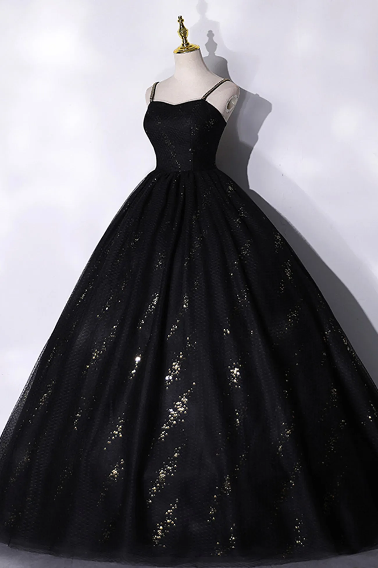 Black Tulle Sequins Long Prom Dress, Black Spaghetti Straps Evening Dress