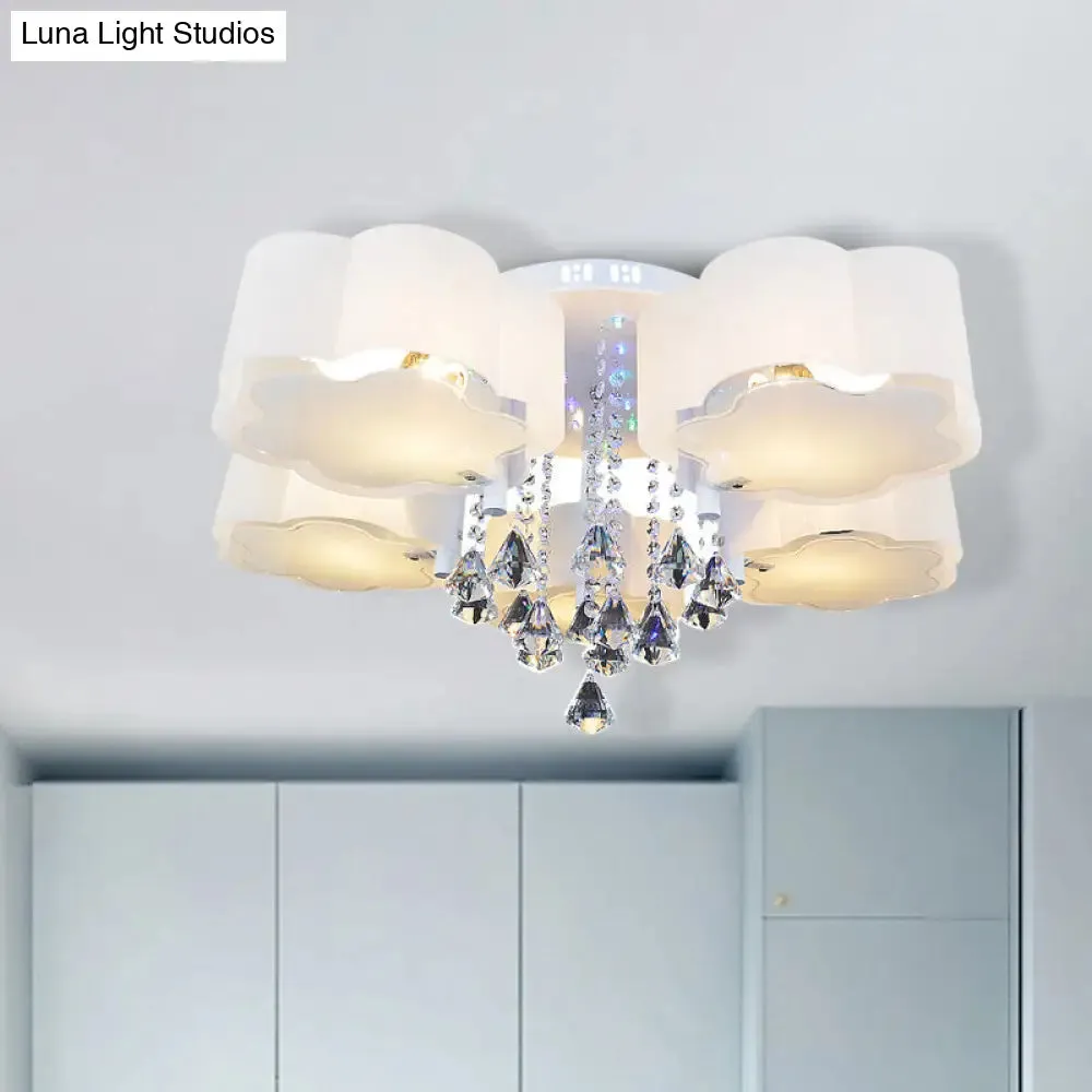 Bloom Glass Flush Mount Lamp with Crystal Draping - Contemporary Design, 3/5 Heads, White Light