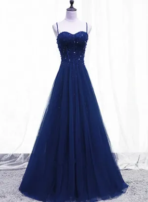 Blue Beaded Straps A-line Tulle New Prom Dress Party Dress, Blue Floor Length Party Dress