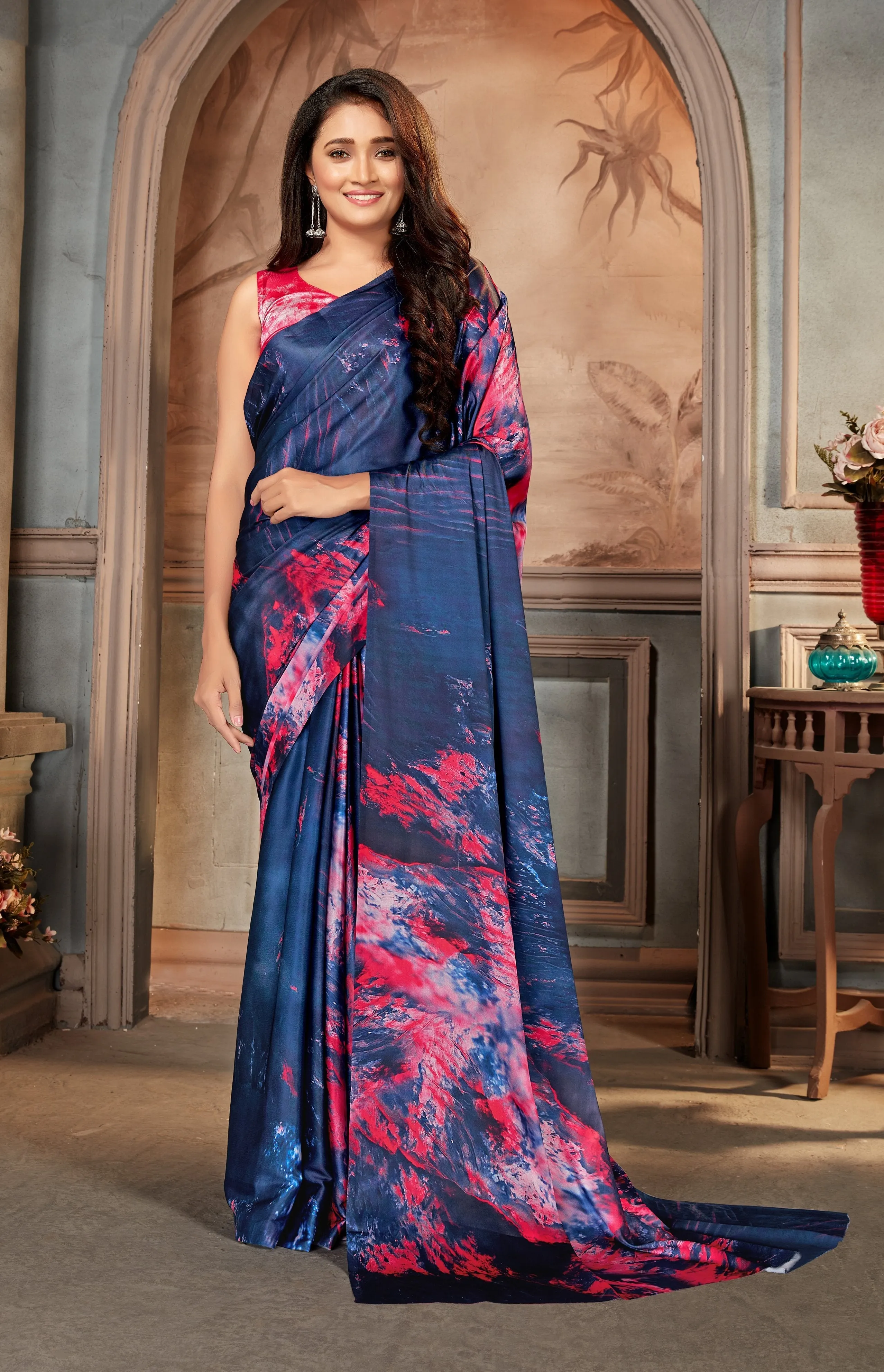 Blue color Satin digital print Saree