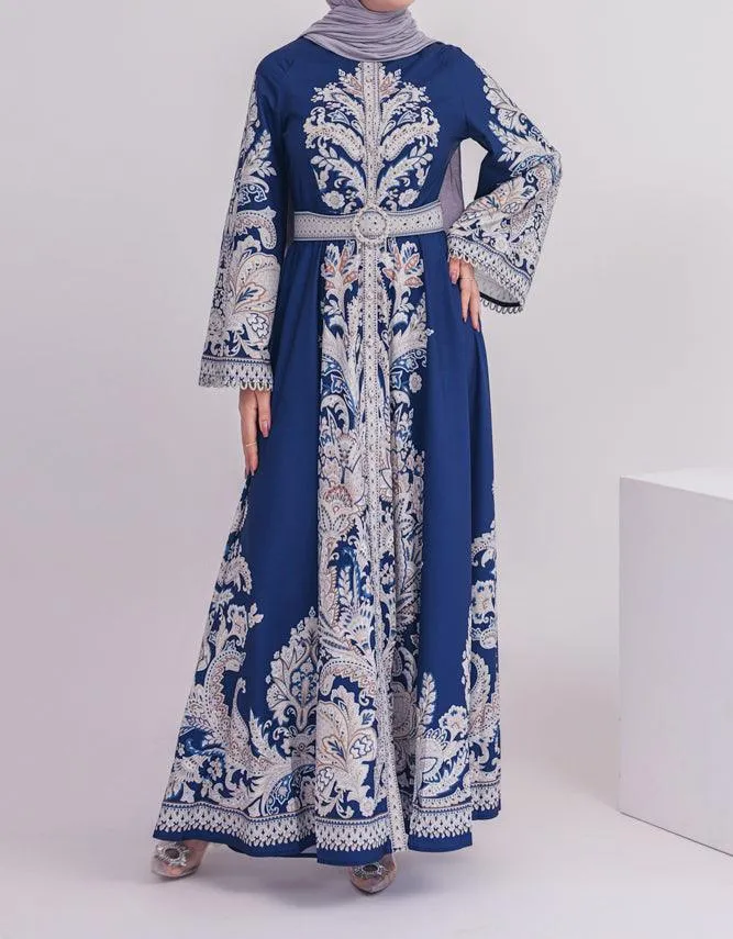 Blue Garden Women's Casual Spring Summer Boho Floral Print Dress High Neck Long Sleeve High Waist Belt Long Maxi