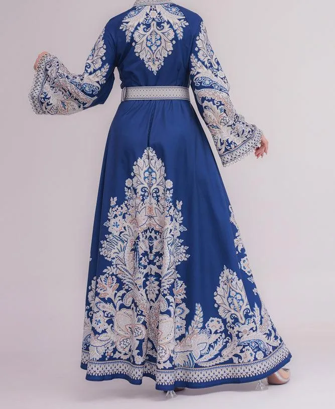 Blue Garden Women's Casual Spring Summer Boho Floral Print Dress High Neck Long Sleeve High Waist Belt Long Maxi