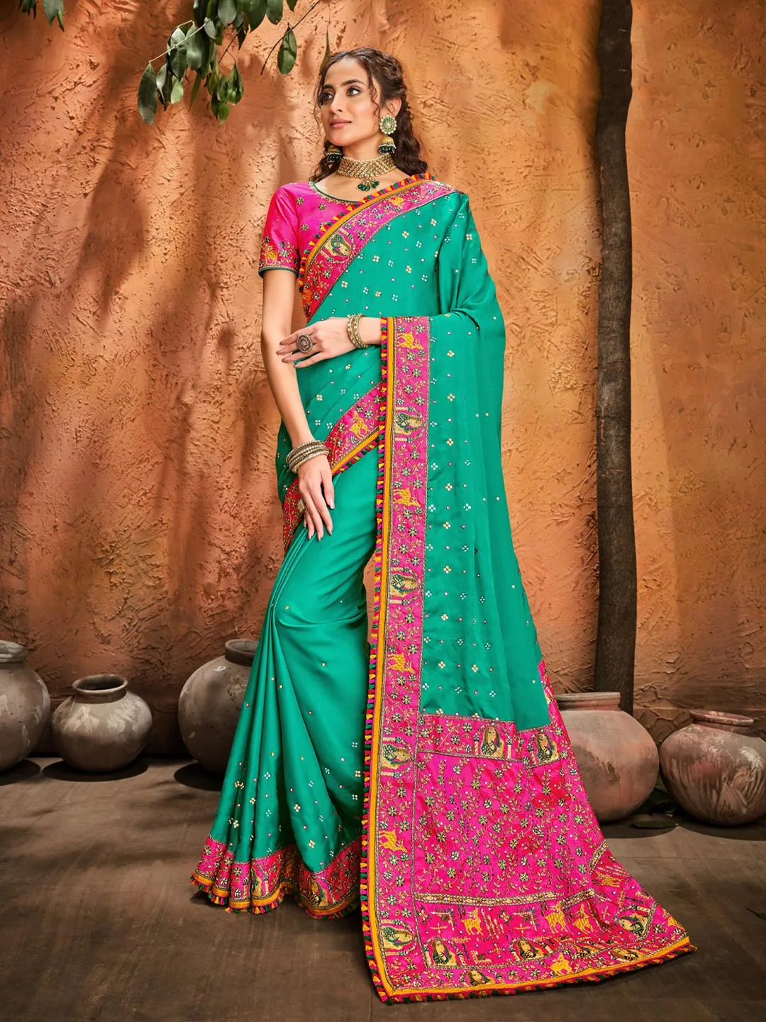 Blue-Pink Color Coordinated Graceful Kutchi Work Designer Saree