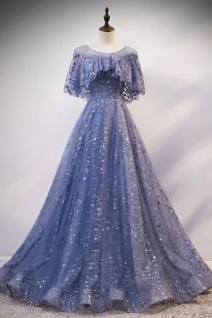 Blue Tulle Sequins Long Prom Dress A-Line Blue Evening Dress