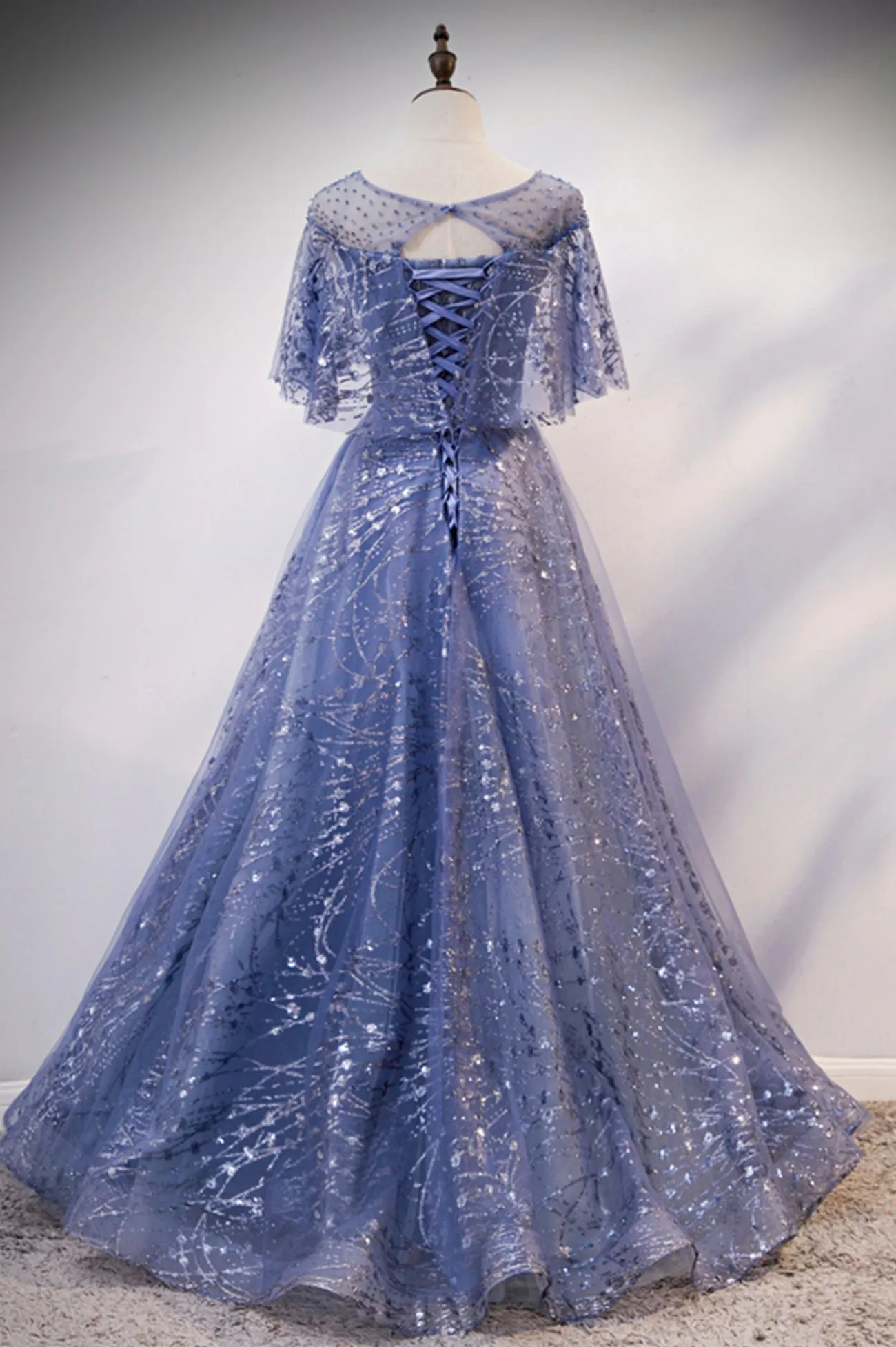 Blue Tulle Sequins Long Prom Dress A-Line Blue Evening Dress