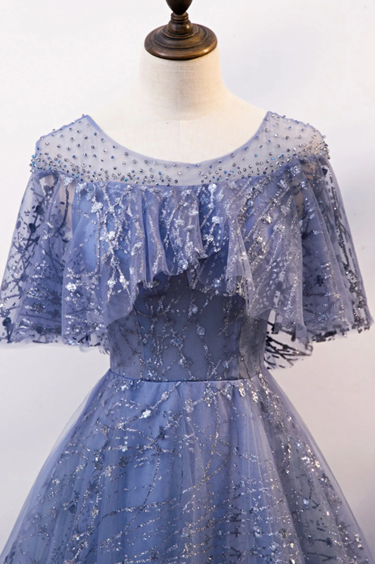 Blue Tulle Sequins Long Prom Dress A-Line Blue Evening Dress