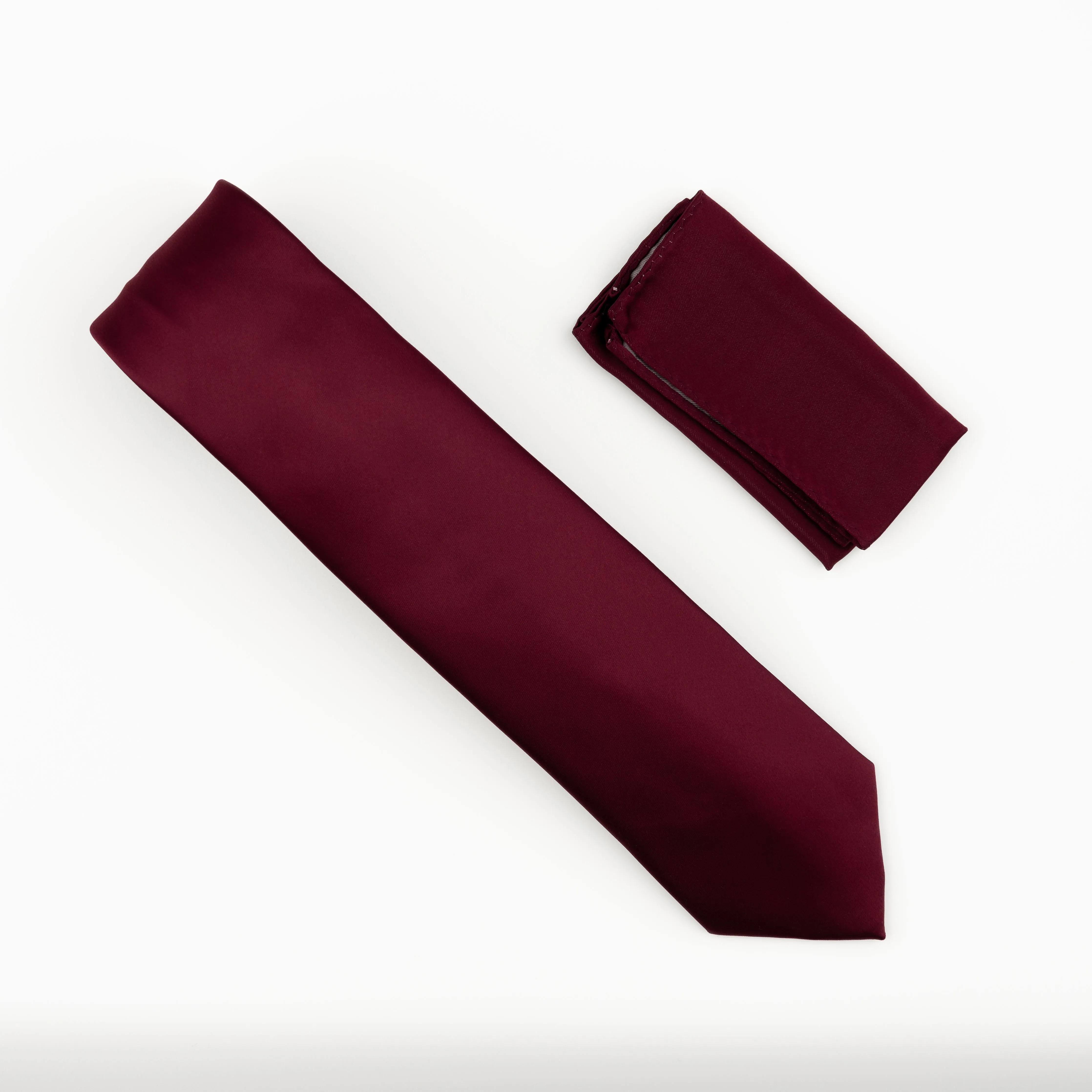 Burgundy Satin Finish Silk Extra Long Necktie with Matching Pocket Square