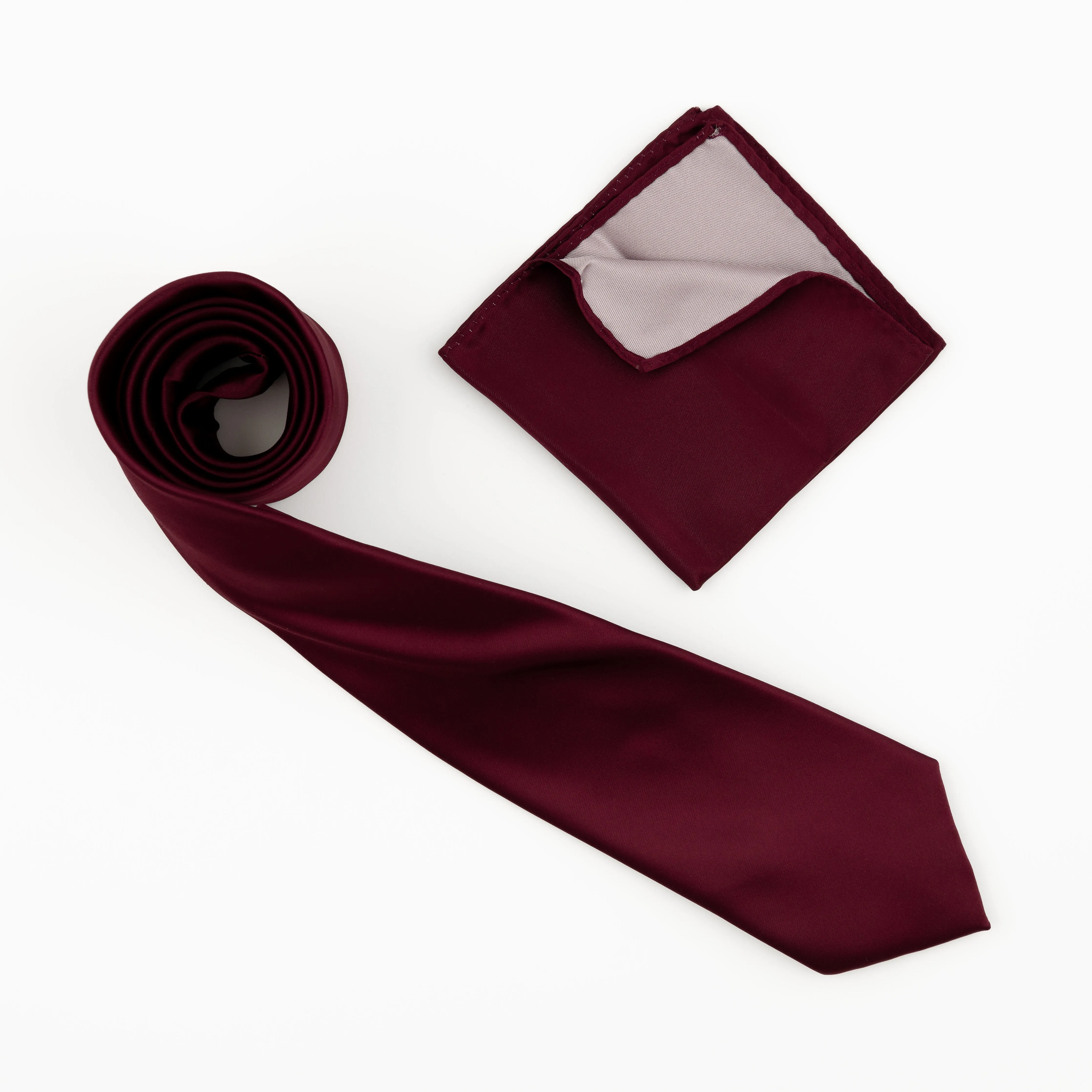 Burgundy Satin Finish Silk Extra Long Necktie with Matching Pocket Square