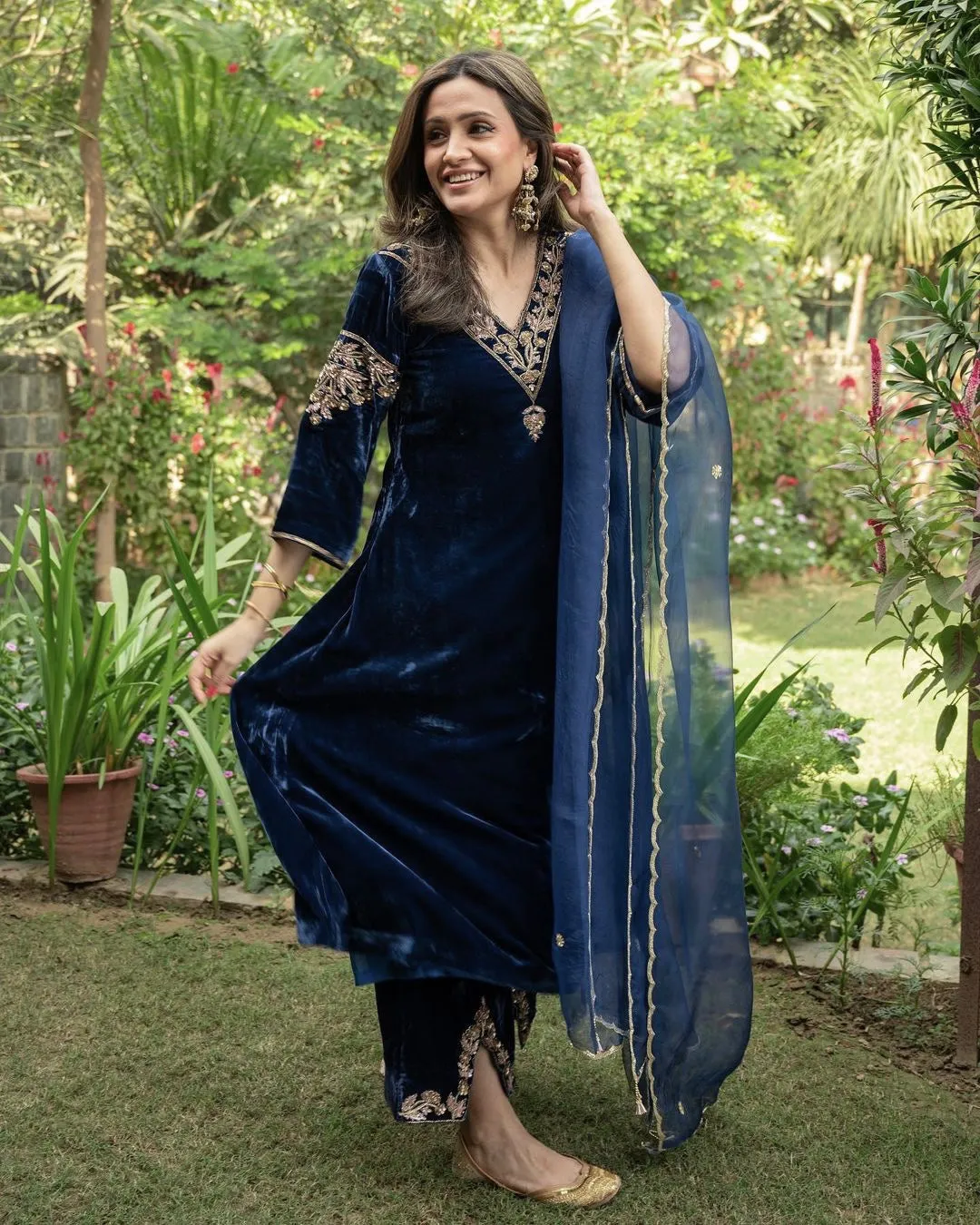 Charming Blue Color Embroidery Sequence Velvet Palazzo Suit