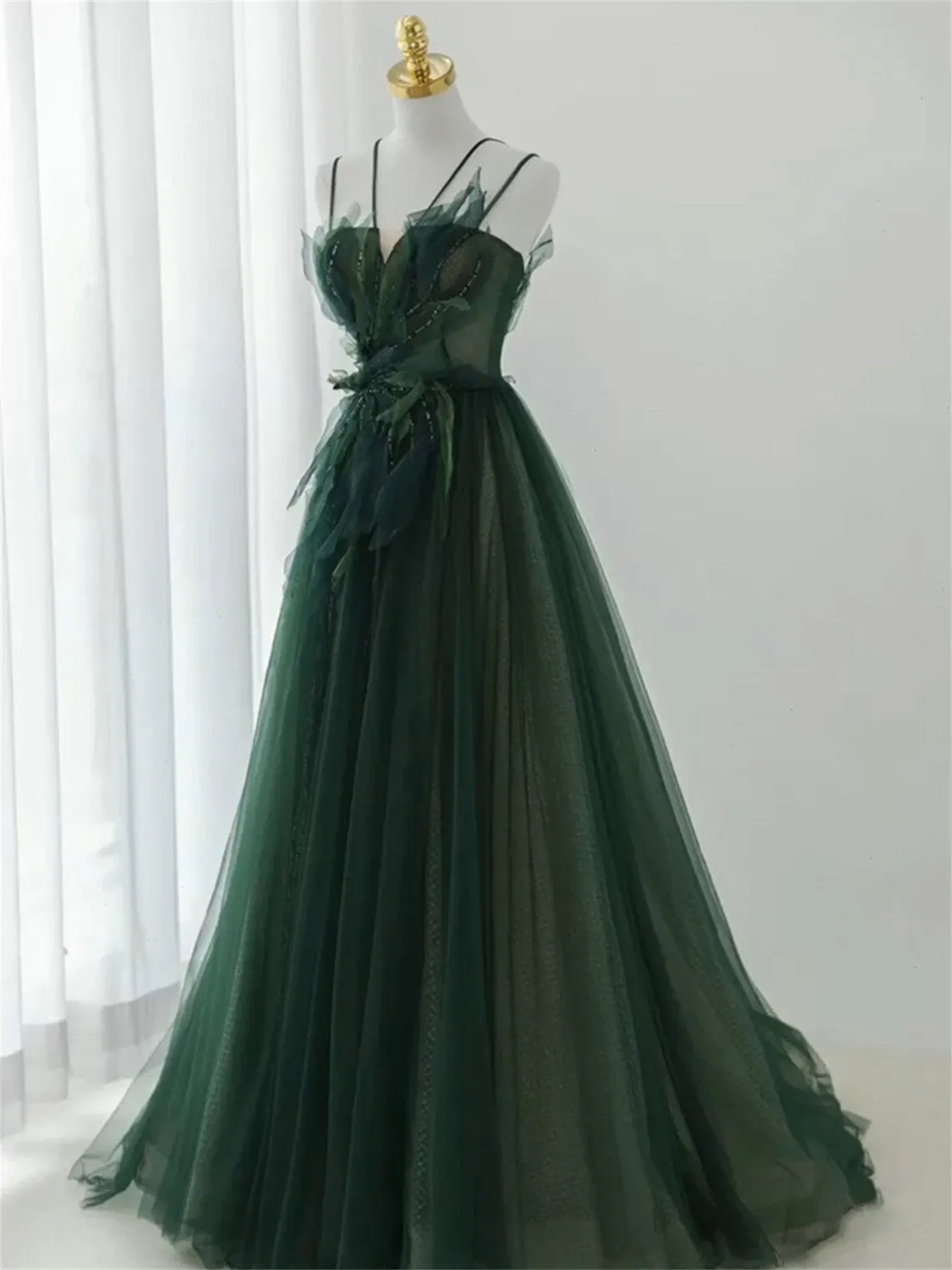 Dark Green Long Beaded A-line Evening Dress Party Dress Green Prom Dress