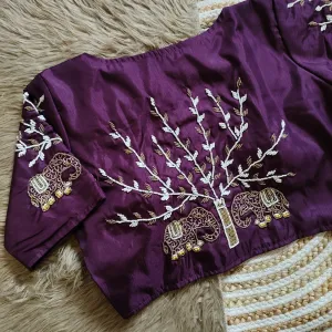 Dark Purple Handcrafted Blouse with Detailed Sleeves and Back in Haka Silk