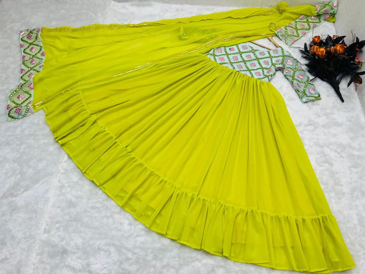 Designer Parrot Green Color Paper Mirror Work Gown