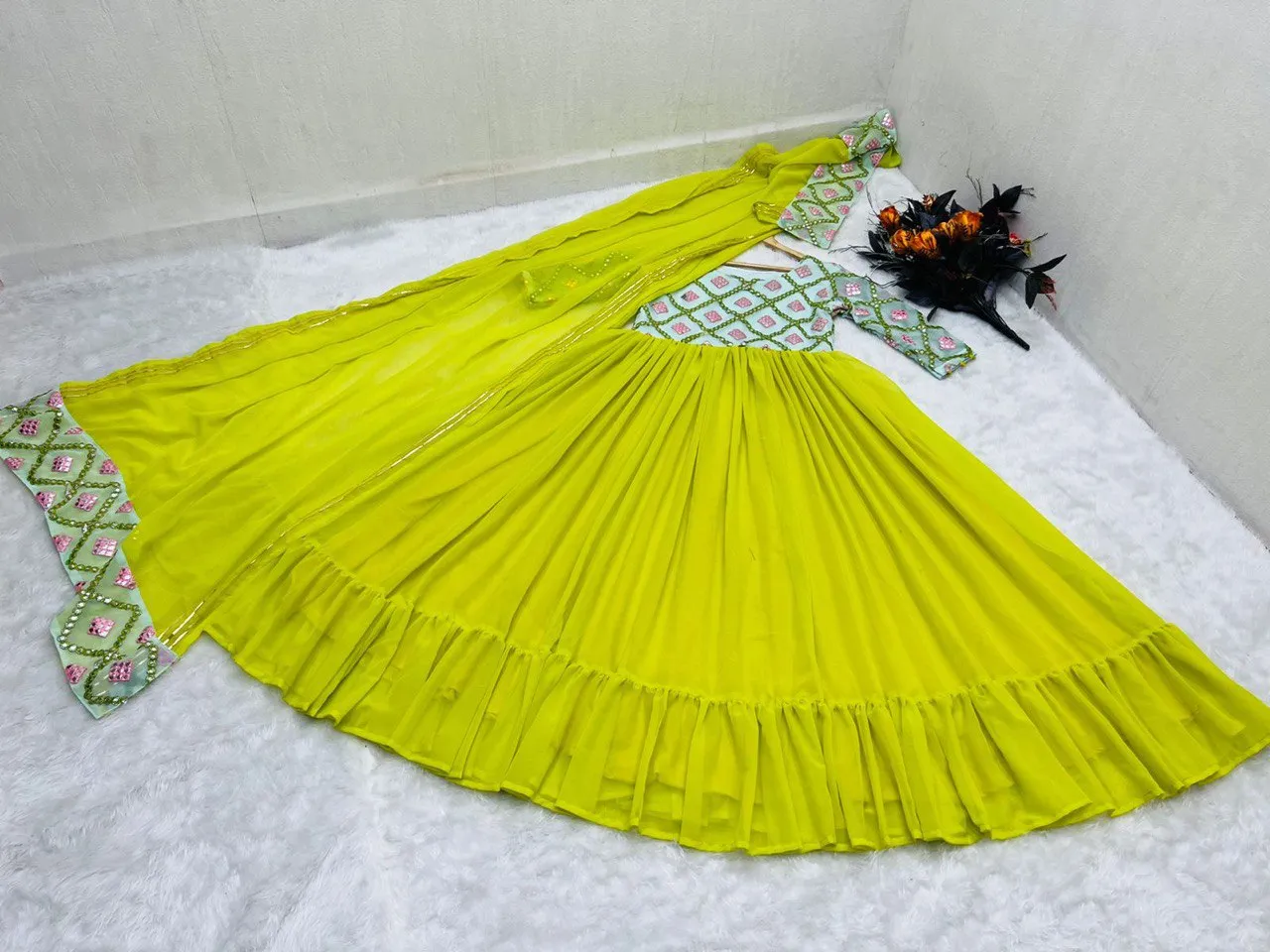 Designer Parrot Green Color Paper Mirror Work Gown