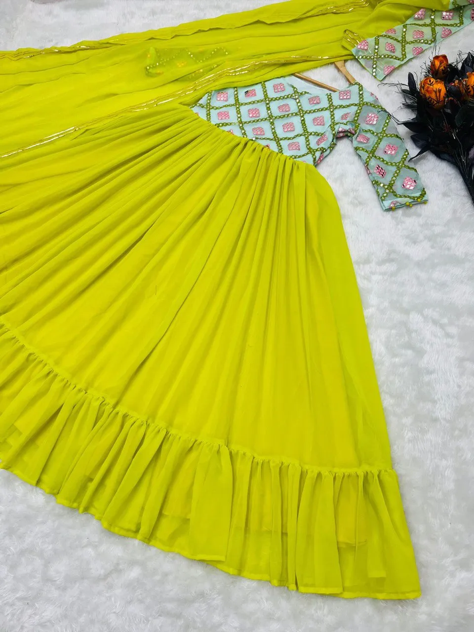 Designer Parrot Green Color Paper Mirror Work Gown