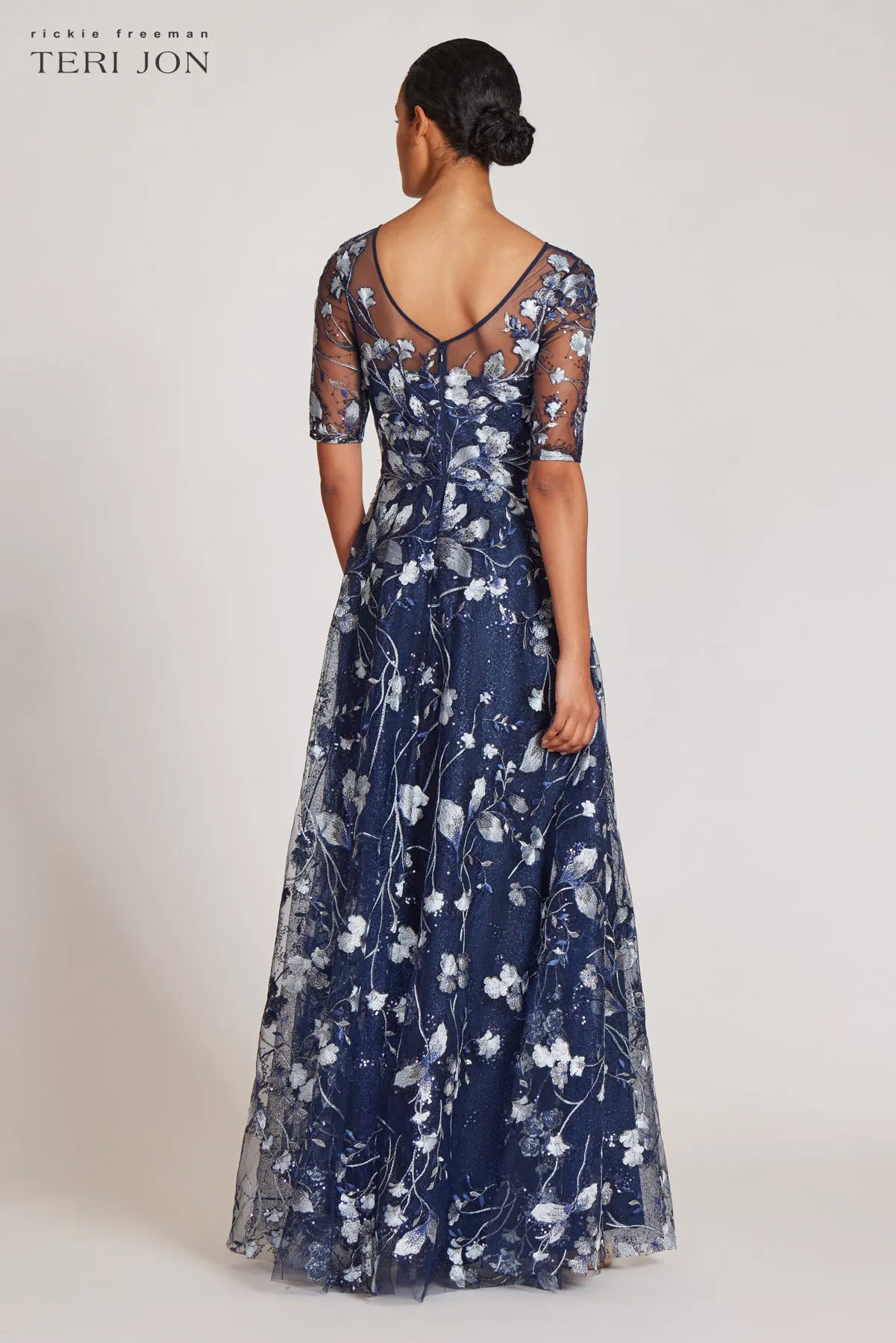 Embroidered Lace Illusion Gown With Elbow Sleeves