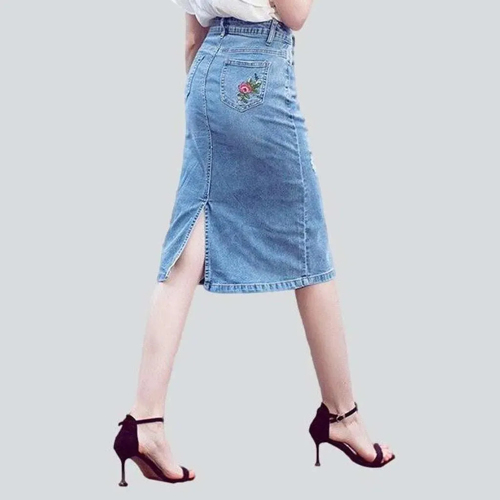 Embroidered ripped midi denim skirt