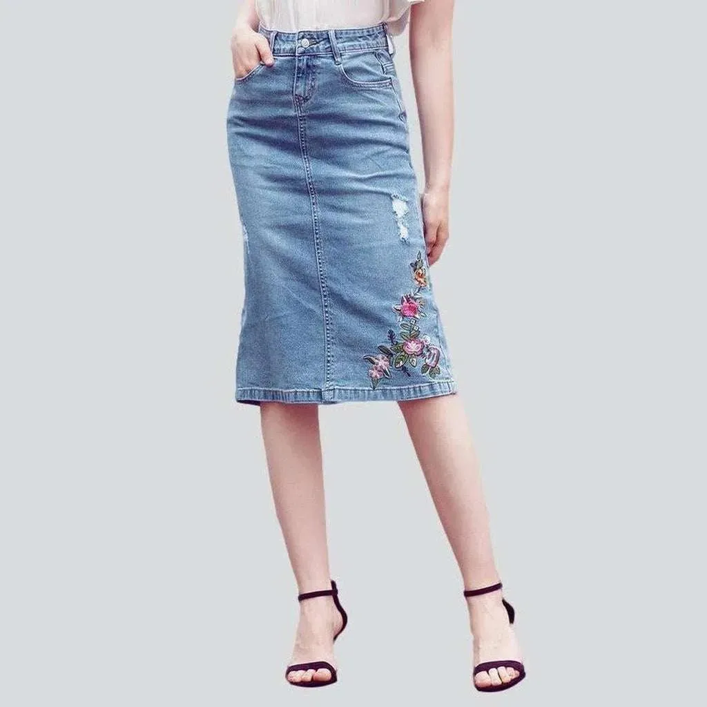 Embroidered ripped midi denim skirt