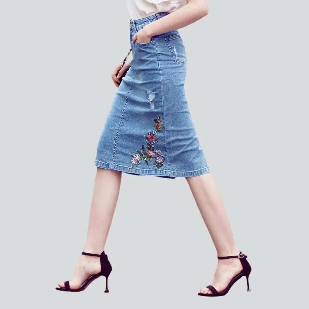 Embroidered ripped midi denim skirt