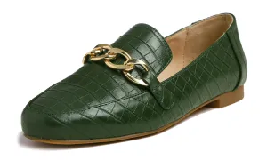 Feversole Women's Fashion Trim Deco Loafer Flats Dark Green Croc Chain