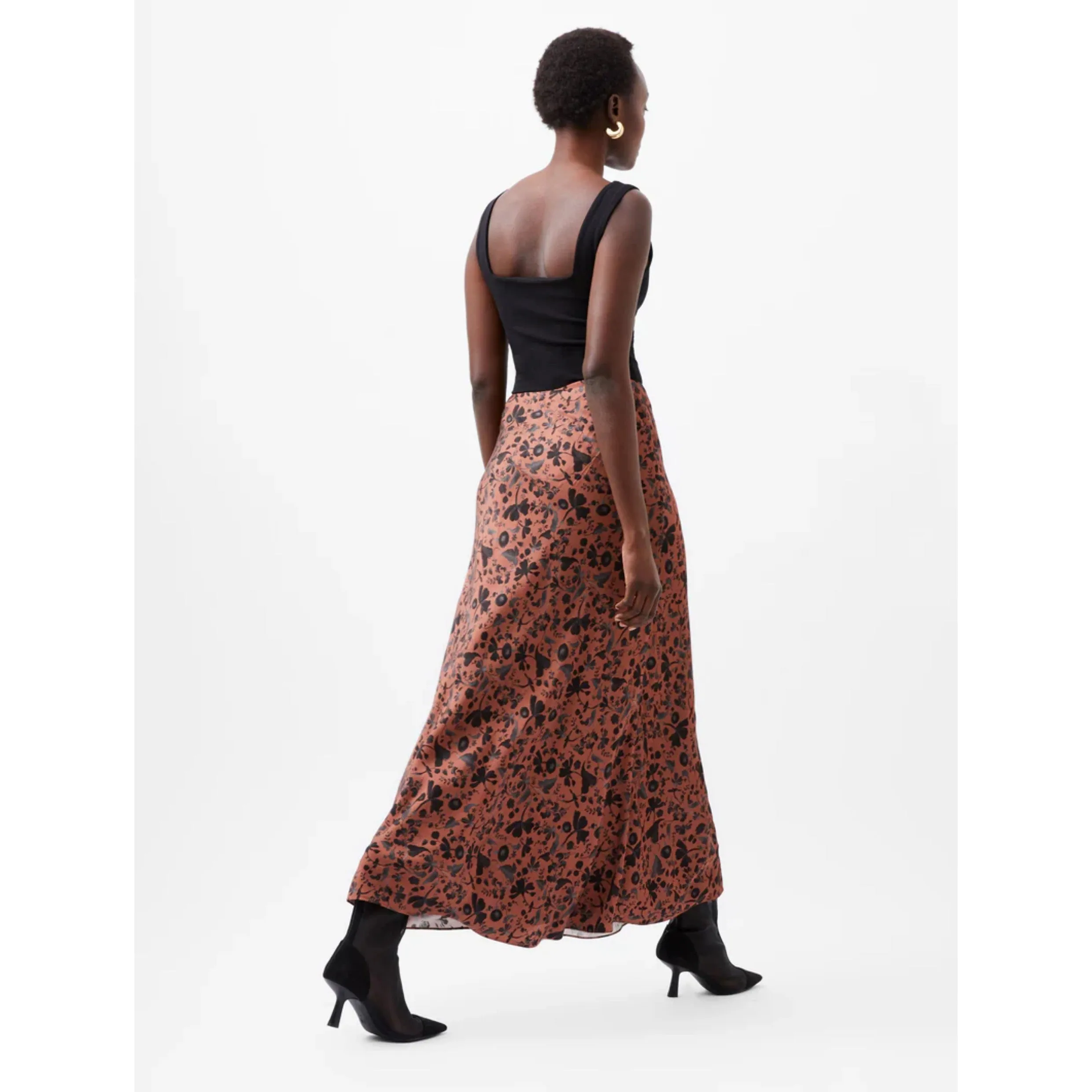 French Connection Jeannie Ennis Satin Skirt in Russet Brown Multi 73XAV