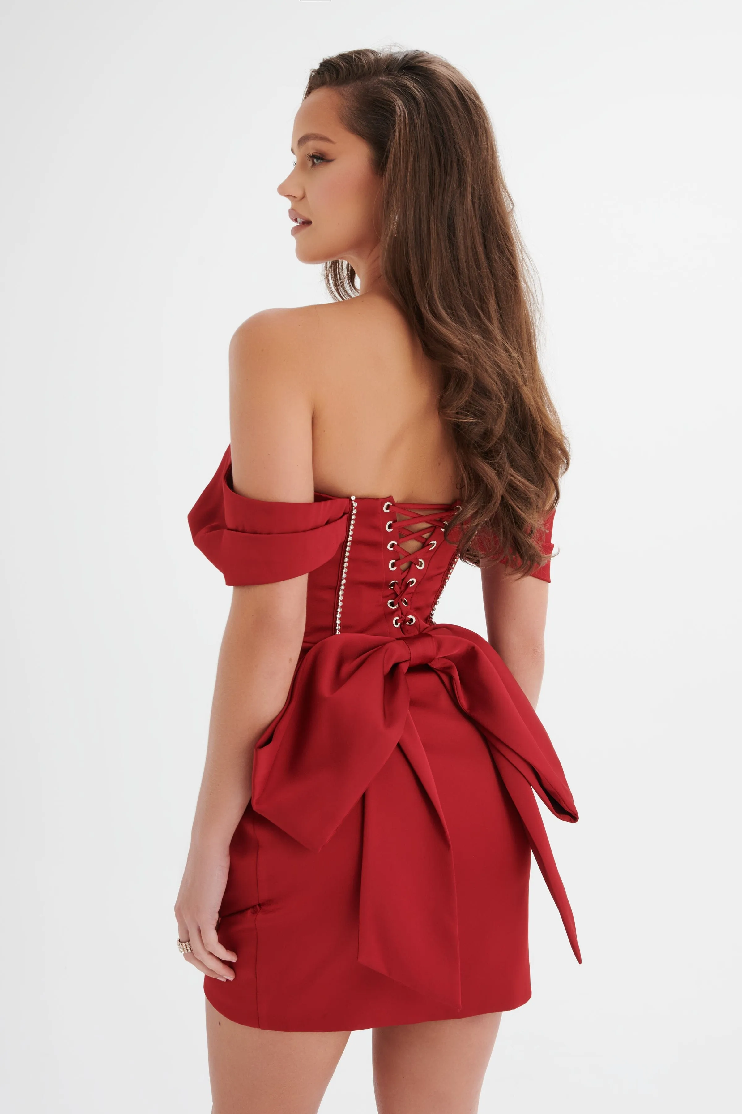 GEORGIE Satin Off Shoulder Lace Up Mini Dress in Burgundy