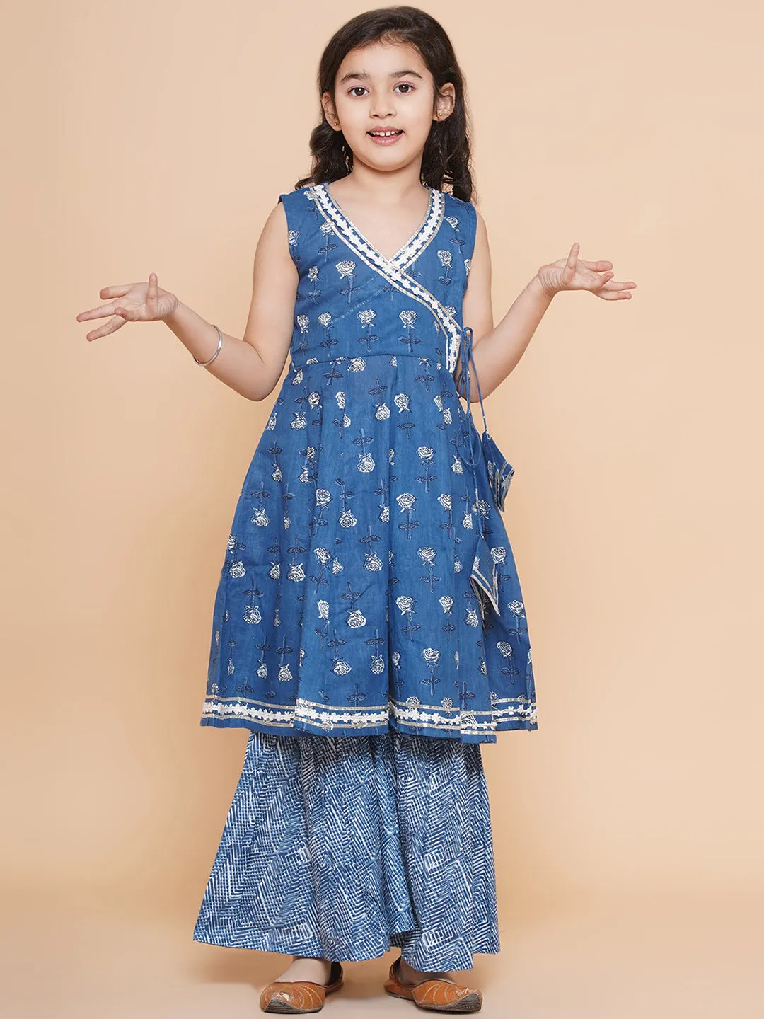 Girl's Blue Printed Kurta With Sharara - Bitiya By Bhama